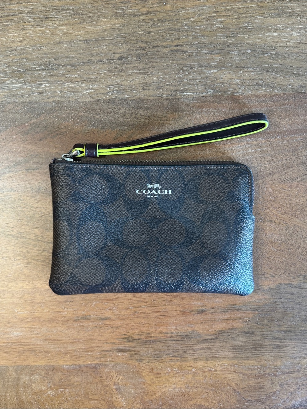 Coach Brown Signature Wristlet Pouch with Lime Accent